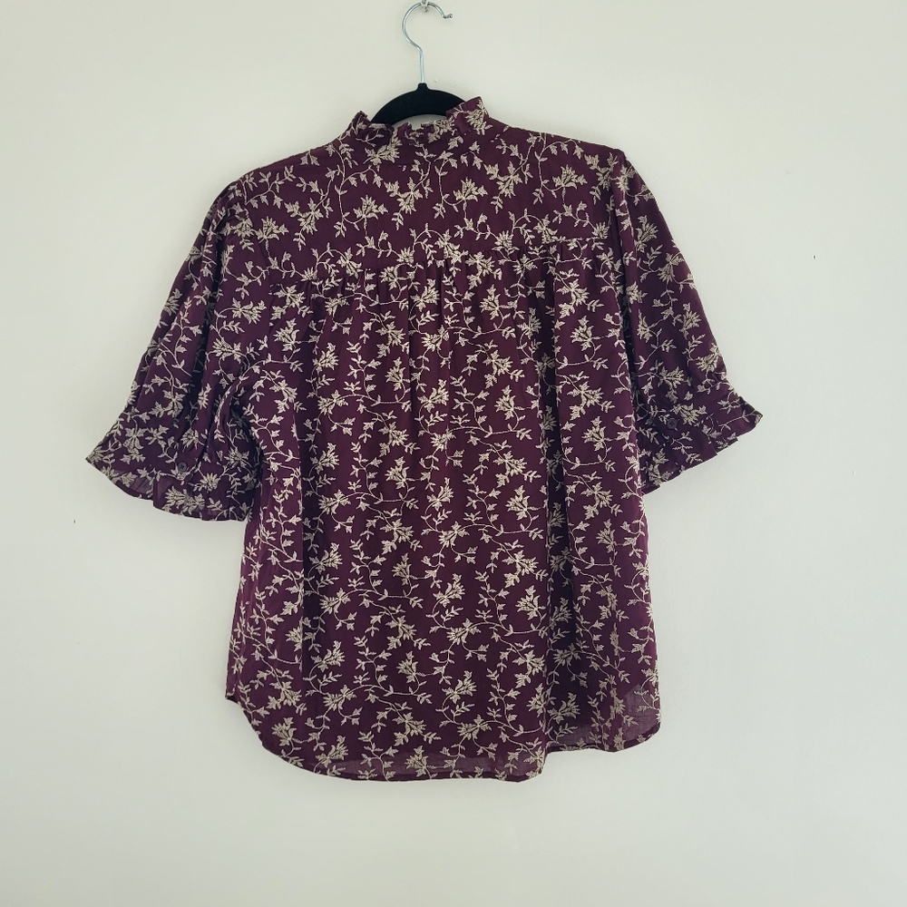 Ann Taylor Sz Medium Burgundy Embroidered Floral Ruffle Button Shirt 100% Cotton - Picture 8 of 9